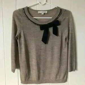 LOFT 3/4 Sleeve Bow Rhinestones Wool Blend Top Sweater Size XSP